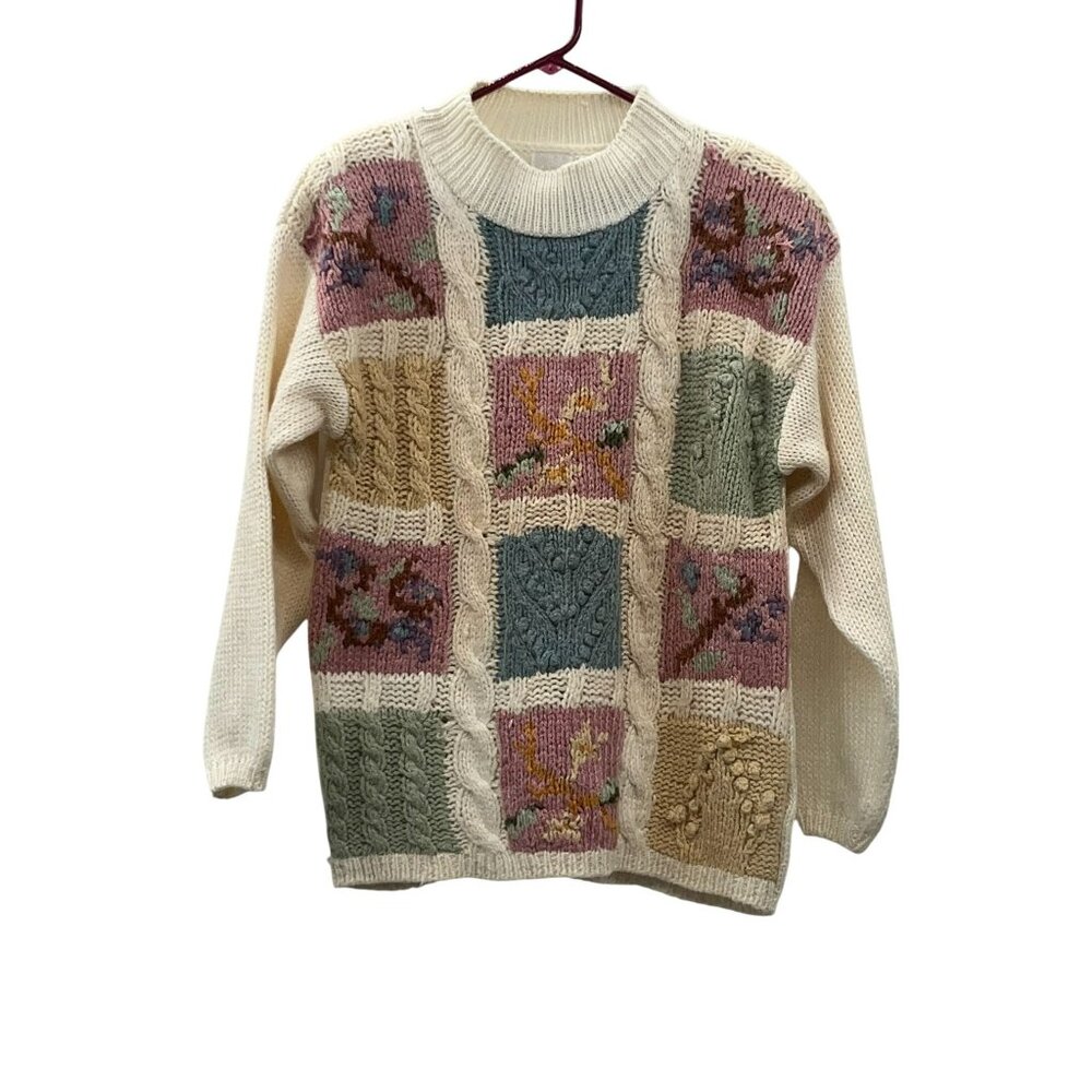 Vintage 90s Needles & Yarn Sweater Womens M Patchwork Floral Knit Korea - Picture 1 of 16